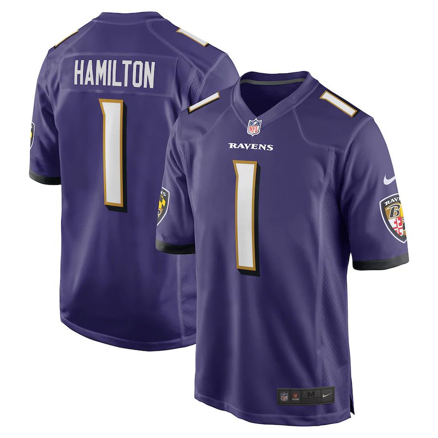 Men Baltimore Ravens #1 Kyle Hamilton Nike Purple 2022 NFL Draft First Round Pick Game Jersey